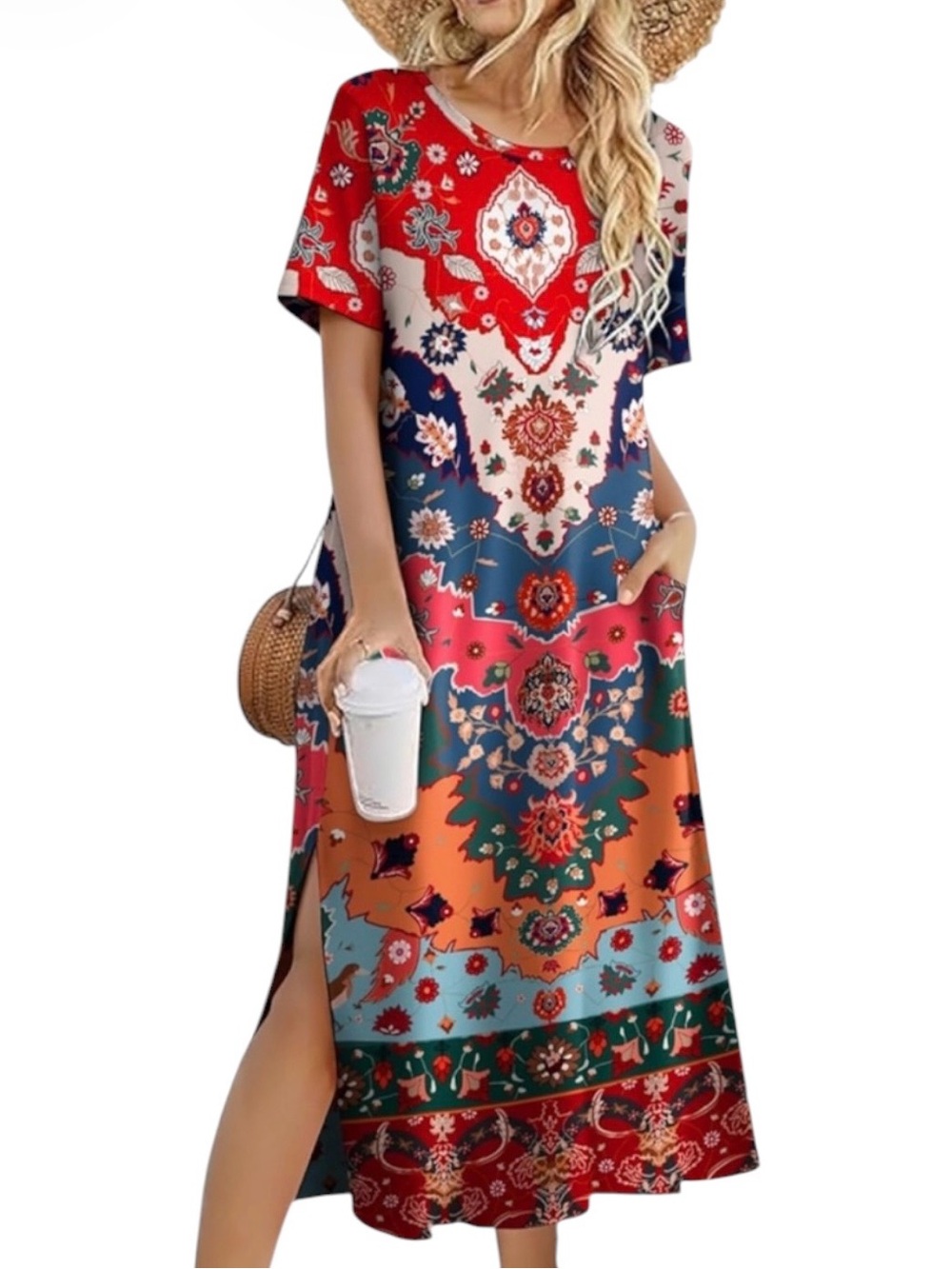 ZEAGOO Multicoloured Floral Short Sleeve Maxi Dress with Bilateral Pockets